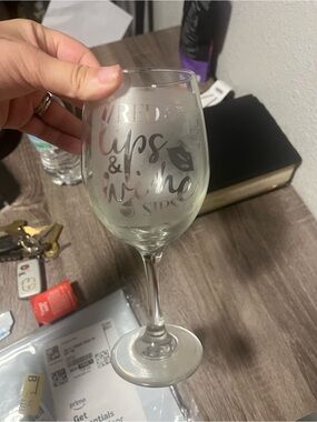 Clear Glass Wine Goblet with Metallic Script - 'Red Lips & Wine Sips'